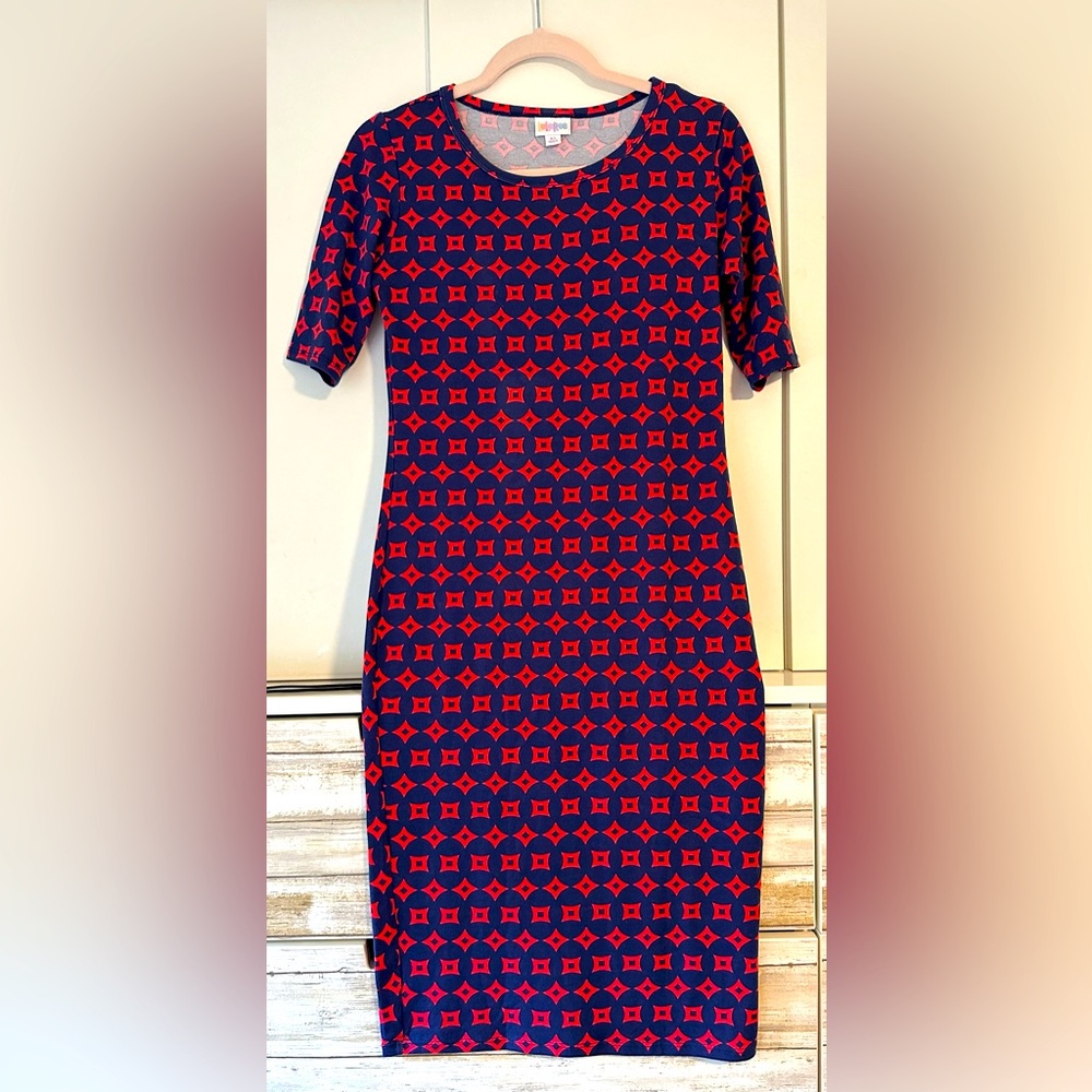 ❤️ LuLaRoe Julia Dress XS Navy Red Geometric Print Stretch Midi